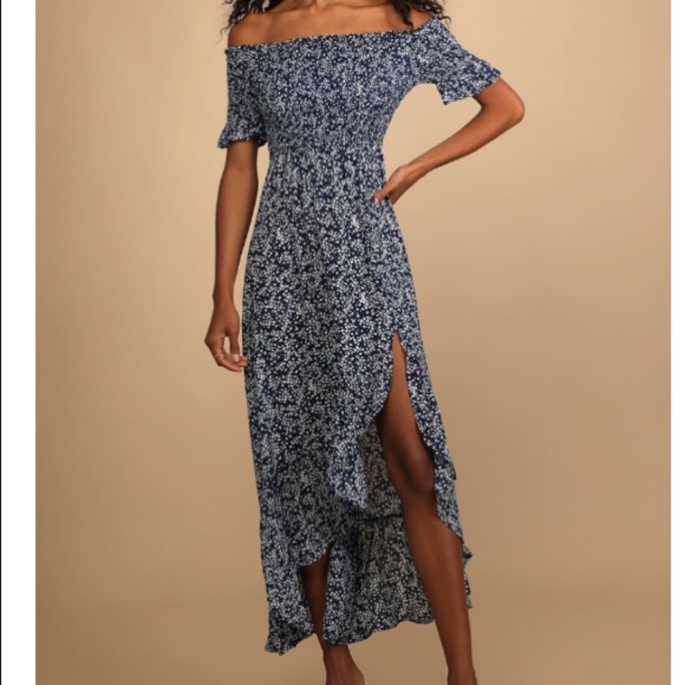 Lulus Fleur-tation Navy Blue Floral Print Off-the-Shoulder Midi Dress Size XS